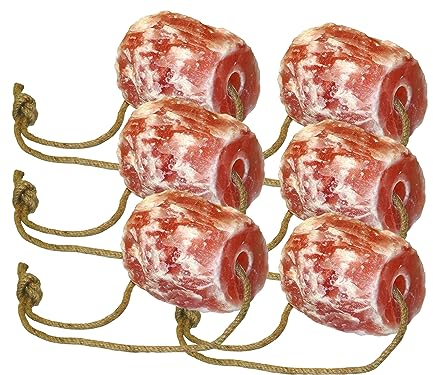 Salzleckstein aus Bergkristallsalz ca. 2-3 kg - 6 Stück mit Aufhängeseil - Leckstein für Pferde, Schafe, Ziege - Naturprodukt