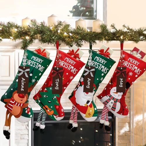 is Tycons 2023 New 4 Pack Christmas Stockings with Name Tags,18 Large Personalized Christmas Stocking Deer Santa Non-Woven Xmas Stocking,Fireplace Hanging Stockings Boots for Holiday Christmas Decor
