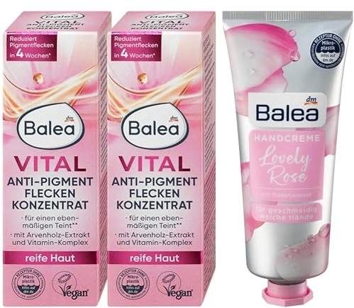 Balea 3er-Set Hautpflege: Konzentrat VITAL ANTI-PIGMENTFLECKEN mit Vitamin-Komplex für reife Haut (2 x 20 ml) + Handcreme LOVELY ROSE Pflege für strahlend schöne Hände mit Rosenwasser (75 ml) 115 ml