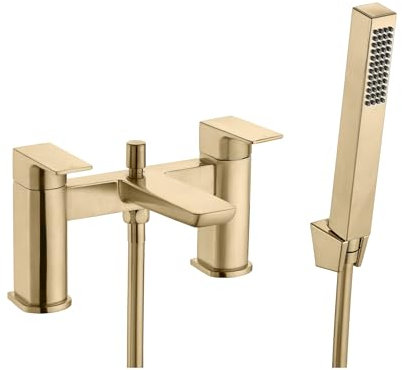 ENKI, Mykonos, BT1208, Contemporary Bath Shower Mixer Tap with Handheld Shower Attachment, Brushed Brass