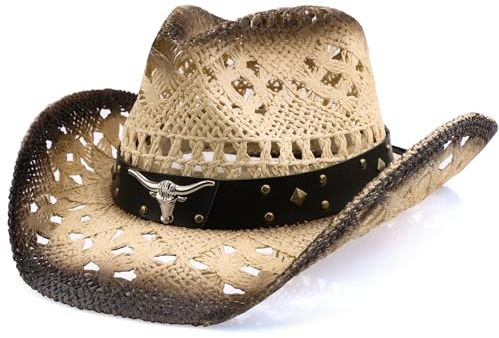 Cowboy Hat, Men Women Woven Straw Western Cowboy Cowgirl Hat Wild Classic Straw Hat for Music Festival Party Beach Dress Up Birthday Bachelorette (UK, Alpha, M, Coffee)