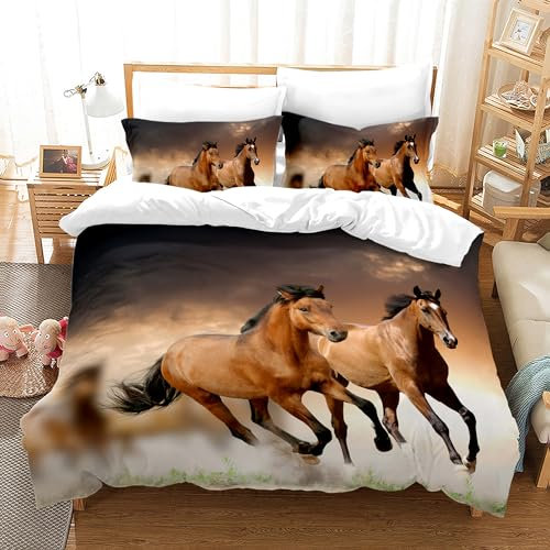 KAIDAARTLH Horse Set de Linge de lit 220x240cm, Housse de Couette en Microfibre avec Fermeture éclair avec Impression Cheval, avec 1 Housse de Couette et 2 taies d'oreiller (Horse-1, King-220x240)