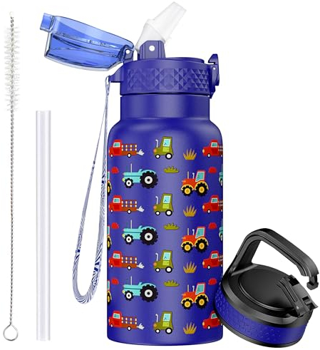 OLDLEY 500 ml isolierte Kinder-Wasserflasche aus Edelstahl mit Strohhalm, doppelwandig, Metall, Vakuum, auslaufsicher, wiederverwendbar, kleine Flasche mit 2 verschiedenen Deckeln, heiße und kalte