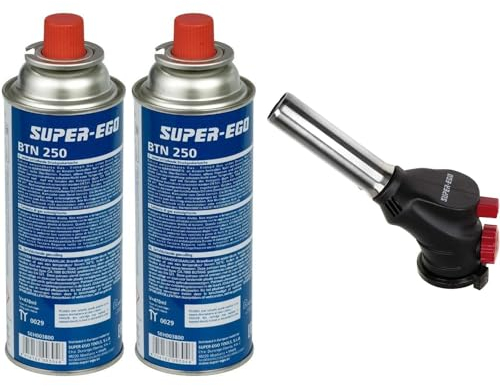 SuperEgo - Pack Profesional de Soplete de Cocina: Cabezal y 2 Cartuchos de Gas BTN250 de 227g con Llama Ajustable, Ideal para Flambeado de Postres