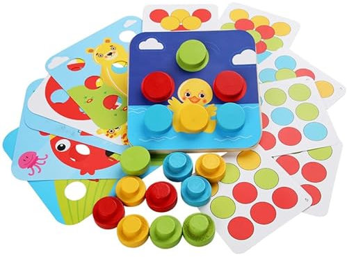 Wooden Peg Board Puzzle for Kids, Button Art Montessori Jigsaw Toys, DIY Large Mushroom Nail Color Matching, 3D Learning Educational Toddler Game Gift for Baby Boy Girl