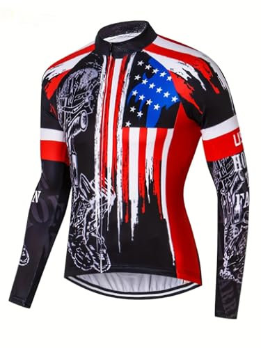YIBIMOTTO Maglia da ciclismo manica lunga bici da strada ciclismo camicie bandiera abbigliamento bici zip intera con tasche per uomo, Bqxf-0146, XXL