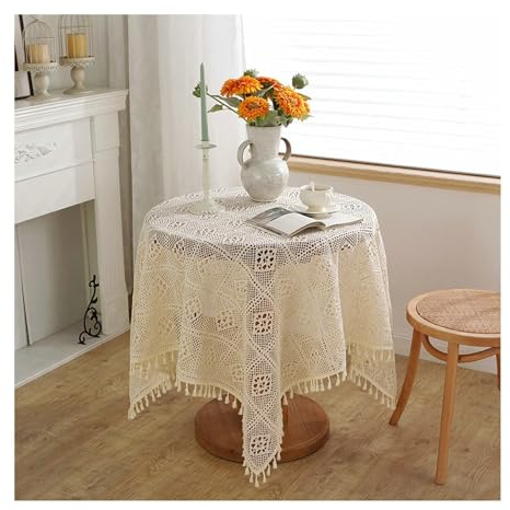 BCughia Tischdecke 150 Beige, Tischdecke Abwaschbar Wasserdicht Rund Baumwolle Hohl Stricken mit Quasten Tischdecke für Küchentisch