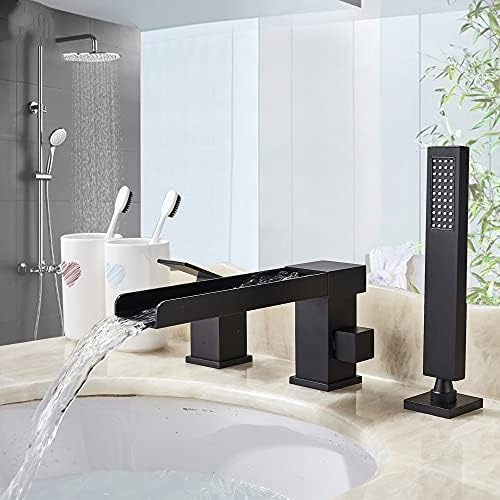 Mattschwarzer Wasserfall-Badewannen-Wasserhahn, Ein-Griff, Deckmontage, Langer Auslauf, Wannenmischer, Herausziehbare Handbrause, Breite Badewannenarmatur, Chrom,Matt-schwarz