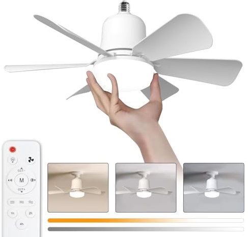 Ventilateur plafond avec lumiere, 30W Lampe Ventilateur Plafond avec Douille E27, Dimmable Ventilateur Plafond LED pour Chambre, Salon, 3 Vitesses, 6 Pales (Blanc 30w)