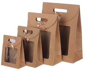 LNNXSZ Sacs en Papier Sacs Cadeaux Noir/Blanc avec fenêtre Transparente, Sac en Papier Kraft avec poignée, boîte d'emballage de Bonbons, Biscuits et gâteaux, 10 pièces(Khaki,19x9x27cm)