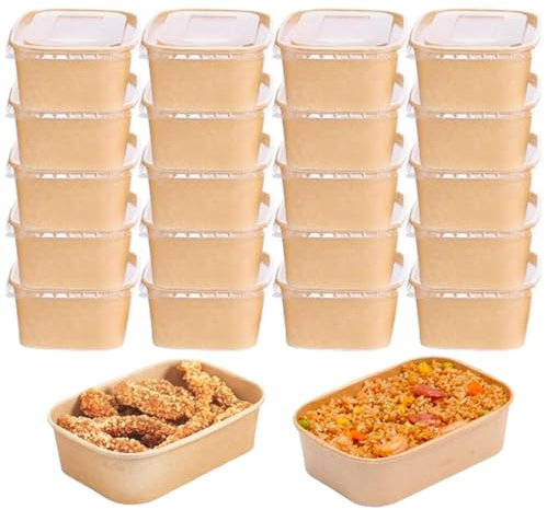 YIMINI Kraftpapier Schale, Take Away Kraftpapier Box, Essen Verpackung Einweg, Mehrweg Schüsseln, Pappschüsseln, Wasserdicht, Ölbeständig, Zum Mitnehmen, Arbeitsessen, Reisen (Mit Deckel, 750ml)