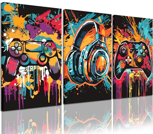 PHOPAGO Framed Cool Gaming Wall Art Retro Video Game Watercolor Graffiti Pictures Neon Gamepad Video Gamer Room Decor for Teenage Boys Gamer Room Decoration 12X16inx3pcs