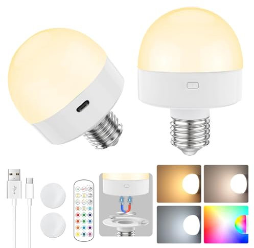 Ampoule Rechargeable E27, 3 Températures Ampoule Telecommande Sans Fil, Dimable Ampoule Rechargeable avec Telecommande, 15 RGB Ampoule Sans Electricite,Timer Ampoule E27 Batterie 2 Lot de 2