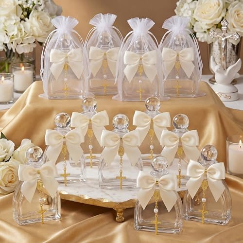 Chuangdi Set di 12 bottiglie d'acqua sacra per battesimo, stile retrò | Bomboniere per gli ospiti, contenitore vuoto in vetro con croce rosario sacchetto fiocco in organza, 50 ml