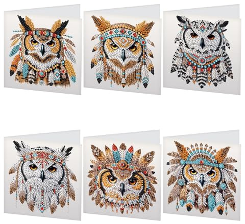 JISHSHAY 6 Pack Diamond Painting Grußkarten Indianer Eule Diamant Painting Bilder Hochzeitskarten Eule Basteln Erwachsene Karte Danke Mosaik Bastelset Erwachsene Karte Geburtstag mit Umschlag