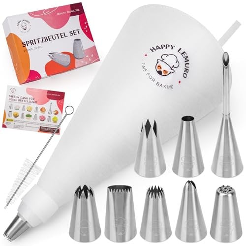 Happy Lemuro Premium Spritzbeutel mit Tüllen | 8 Große Spritztüllen mit Spritzbeutel aus Baumwolle (40 cm) - Backzubehör inkl. Berliner Spritze | Tortenspritze - Dressiersack - Piping Bag