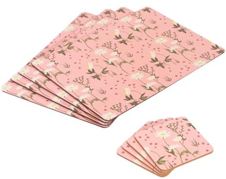 YöL 4 Pink Floral Placemats & 4 Coasters - Dining Table Surface Protection Food Drink Cork Backing Non-Slip Worktop Saver