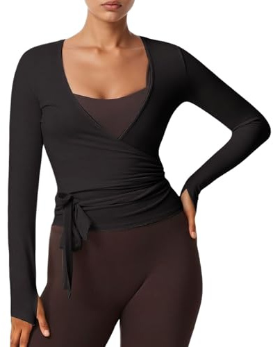 Top avvolgente da balletto Y2k da donna a maniche lunghe con scollo a V profondo, vestibilità slim fit, per yoga, pilates, balletto, allenamento, top sexy opaco avvolgente, maglietta morbida a