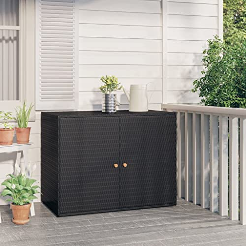 Gecheer Gartenschrank Schwarz 100x55,5x80 cm Poly Rattan, Gartenschrank, Geräteschrank mit viel Stauraum, Beistellschrank Schrank, Balkonschrank Terrassenschrank,