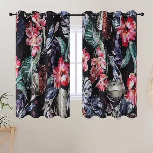 VEHEDE Blumen Vorhänge, Vintage schwarz Blackout Bunte gedruckte Vorhang für Schlafzimmer, Öse wärmeisoliert Gardinen rote Blumen grün Blatt H 137 x B 132 cm