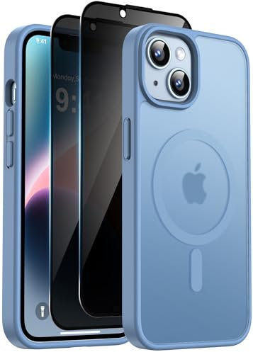 Helssitot Magnetisch Handyhülle für iPhone 13/iPhone 14 Hülle Kompatibel mit MagSafe mit 2 Stück Sichtschutz Schutzfolie, [Nie Vergilbung] Hard PC Kratzfest Stoßfest Schutzhülle - Blau