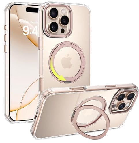 VENINGO for iPhone 16 Pro Case,Compatible with MagSafe 360° Rotatable Kickstand Ring Holder Clear Back Shockproof Slim Bumper Military Grade Protection Case for iPhone 16 Pro, Clear Gold