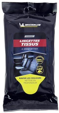 MICHELIN 008890 28 Lingettes Nettoyantes Tissus et Moquettes Voiture, Nettoie et Ravive Les Couleurs, sans Traces, 100% Viscose