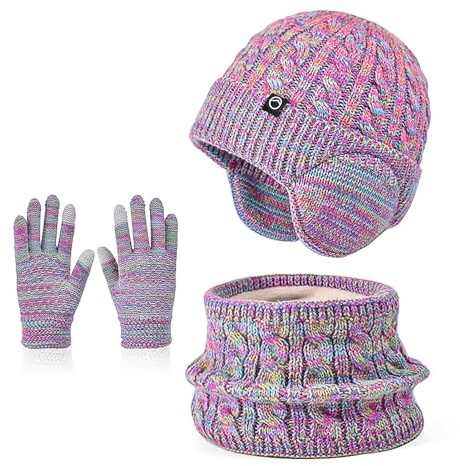 Icegrey 3 in 1 Kinder Wintermütze Schal Handschuhe Set, mit Ohrenschützern, Strickmütze Mütze Set, Warme Winter Beanie Hut Set für Jungen Mädchen 4-10 Jahre