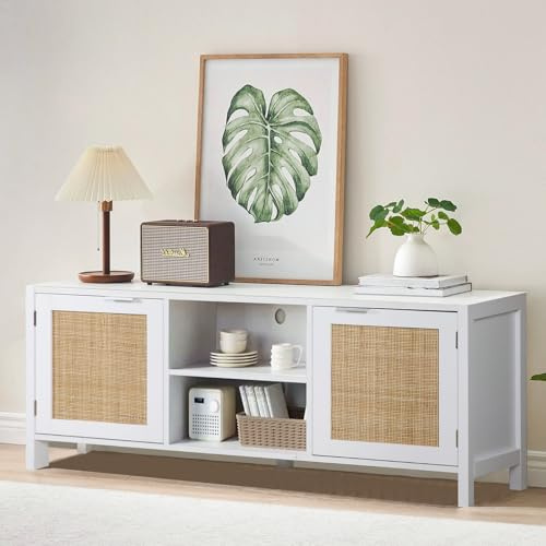 FUNBERRY Rattan TV Stand, Mid Century Modern TV Console with Adjustable Shelves, Farmhouse Storage Cabinet Entertainment Center for Bedroom, Living Room