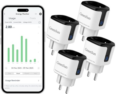GreenSun WLAN Steckdose mit Strommessung Wlan Smarte Steckdose Stromzähler | Kompatibel mit Smart Life & Tuya App, Alexa & Google Sprachsteuerung, Timer & Zeitschaltuhr, Energieüberwachung, 3680W 4pack