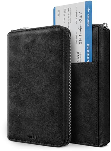 VULKIT Porta Passaporto Familiare per 3-4 Passaporti Portadocumenti da Viaggio Protezione RFID Portapassaporto da Viaggio Donna & Uomo per Denaro, Carte di Credito, ID Documenti - Nero