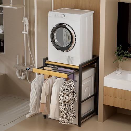fiakoais Washer Dryer Stand Stacking Kit, Tumble Dryer Stacking Kit Sliding Shelf Countertop, Space Saving Laundry Storage Unit, Freestanding Washer Dryer Shelf, 200KG Load Capacity