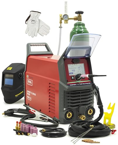 Ideal Expert TIG 201 DC Pulse LCD WIG Schweißgerät Inverter KOMPLETTSET - 200A HF Zündung - Inkl. 8L Argon Flasche, Automatikhelm, Gaslinsen, Magnet, Reduktor - Vollausstattung für Profis