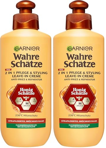 Garnier Wahre Schätze Honig Schätze 2-in-1 Pflege & Styling Leave-In Creme, reparierendes Leave-In gegen Frizz mit Hitzeschutz, 200 ml (Packung mit 2)