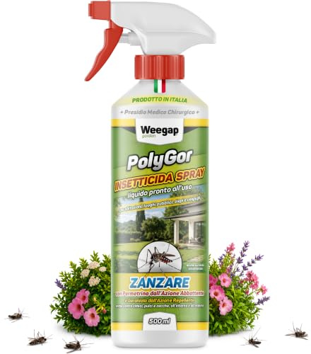 Insetticida Spray AntiZanzare Giardino e Casa, Azione Forte e Rapida per Interno ed Esterno, Con Geraniolo Repellente Zanzare e Anti Insetti, Trattamento Liquido Disinfestazione Professionale 500 ml