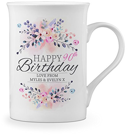 Personalised Floral Happy 90th Birthday Novelty Gift Fine Bone China Mug