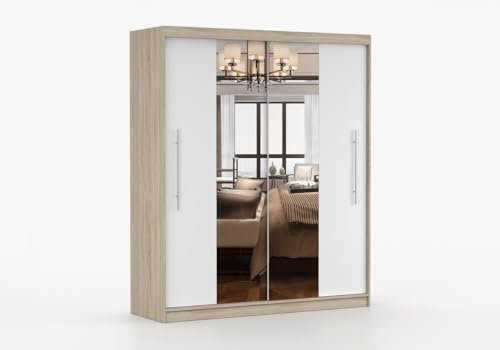 E-MEUBLES Armoire coulissante Nico 203 cm – 2 Portes avec Miroir et Tringle – penderie Moderne avec Grand Espace de Rangement pour Chambre ou entrée (Sonoma + Blanc)