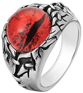 HIJONES Herren Gothic Biker Drachen Dämon Augen Ring aus Edelstahl Rot Edelstein Größe 60