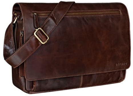 STILORD 'Jan' 15,6 Zoll Laptoptasche Leder Herren Damen Umhängetasche Unitasche Aktentasche Freizeit Bürotasche weiches Vintage Leder, Farbe:lyon - braun
