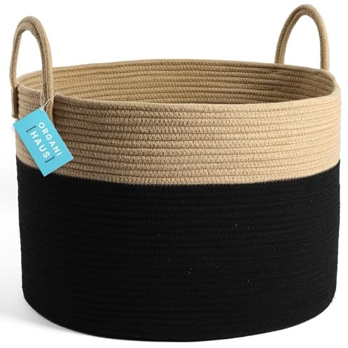 OrganiHaus Baby Clothes Storage Basket, Dirty Clothes Storage Basket for Laundry, Large Black Storage Basket, Woven Toy Storage Basket, Blanket Basket for Living Room, Rope Basket 50x33cm