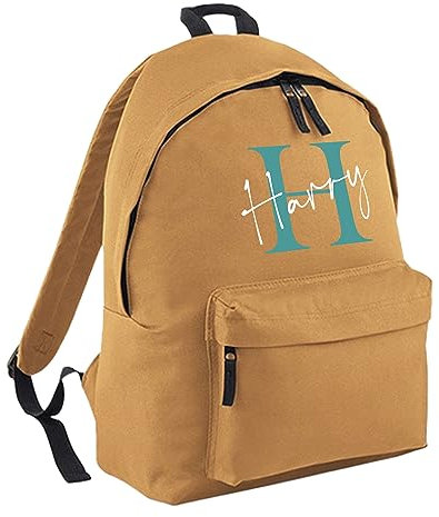 Print Maniacs Personalised Any Name Large 18L Kids Travel Backpack Junior Shoulder Collage Rucksack School Lunch Swimming P.E Laptop Book Bag (Caramel, Grey/White Text)