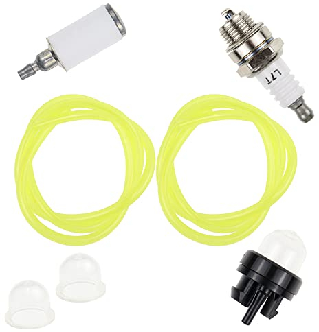 Universal Benzinfilter Kit Inkl 2 STK Benzinschlauch(2,5x5mmx60cm| 3x5mmx60cm)Primerpumpe Kraftstofffilter L7T-Zündkerze Ölblase für Mower Heckenschere Freischneider Trimmer Gebläse Benzin-Kettensäge