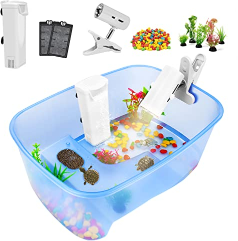 Rypet Baby Turtle Tank Starter Kit - Reptile Terrariums Tortoise Habitat with UV Basking Light Lamp, Water Filter, Rocks, Small Plants, Aquarium Tank for Turtle Frog Hermit Crab Tank Accessories