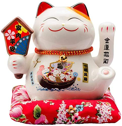 Maneki Neko à Bras Mobile, Chat Chinois Porte Bonheur en Porcelaine, Feng Shui Porte Blanc, Statuette en Céramique Décorer pour Le Bureau à Domicile et Le Magasin, 16x14x16cm/6.3x5.5x6.3inch,1