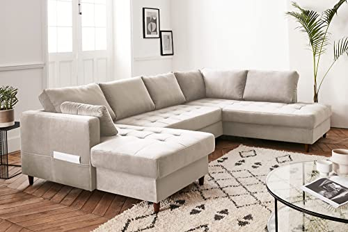 Lisa Design Anna – Wohnlandschaft Ecksofa – mit Schlaffunktion und Bettkasten – 7-Sitzer – zeitgenössischer Stil– rechts Beige