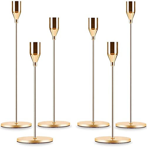 Gold Taper Candle Holder Set of 6, Brass Gold Tall Candlestick Holders, Metal Vintage Candle Stickers Long Holder Set, Pillar Decorative Candle Holder Fits 3/4 Inch Candle