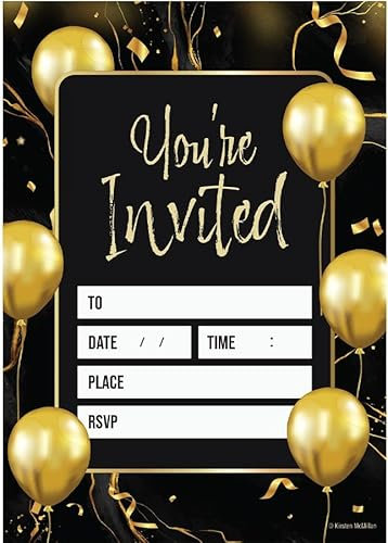 Kirsten McMillan 32 Black & Gold Balloon Birthday Invitations - A6 Birthday Party Invitations Cards for Adults with Envelopes – Invites Designed and Printed in the UK
