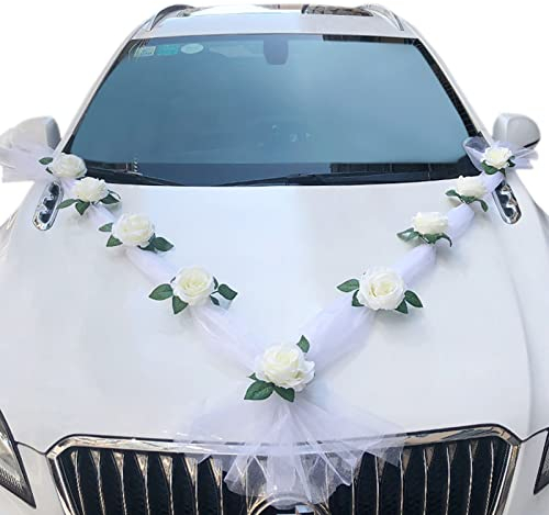 TKTTBD Autoschmuck Hochzeit - Braut Paar Rose Deko Dekoration Car Auto Wedding Girlande Saugnapf Für Motorhaube Hochzeits Weiß Gaze Rosendekoration Set Verlobungsfeier Party