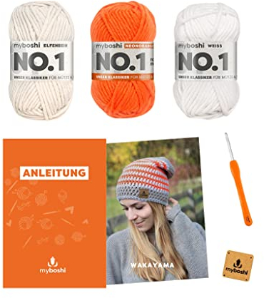 myboshi Häkelset Beanie Wakayama, Häkelset für Anfänger, inkl. No.1 Wolle, Nadel und Anleitung, Label, Häkelpaket für Anfänger, 30% Merinowolle Neonorange, mit Häkelnadel