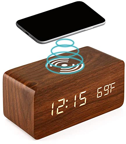 Wooden Digital Alarm Clock with Wireless Charging 3 Alarms Electronic LED Desktop Clock with Temperature Time Display 3 Levels Adjustable Brightness for Bedrooms Living Room Bedside Office brown wood